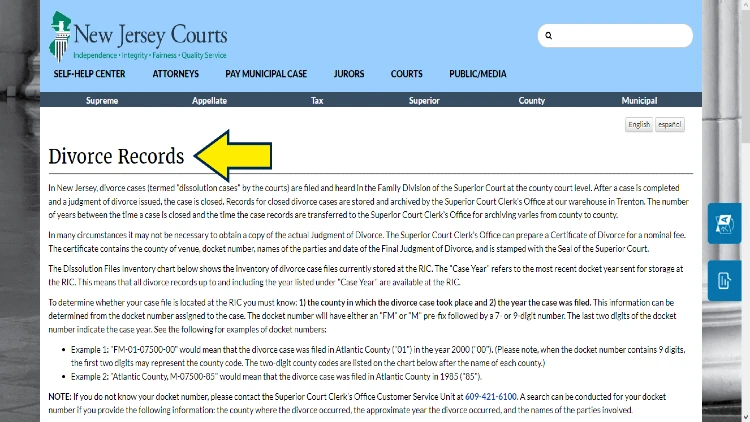 New Jersey Courts divorce records page screenshot with yellow arrow pointing to title and information about divorces in the Garden State. 