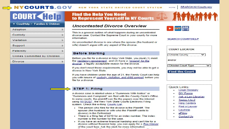 Screenshot of the website page of NY Courts about Court Help with yellow arrows pointing to the steps in filing divorce.