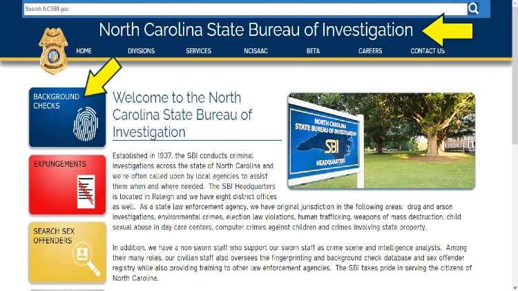 Screenshot of North Carolina State Bureau of Investigation website page for its home page with yellow arrow pointing to a link of its background checks service.