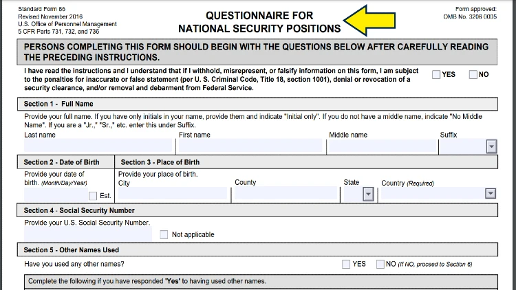Screenshot of OPM website page for forms with yellow arrow pointing to a copy of the questionnaire for national security positions.