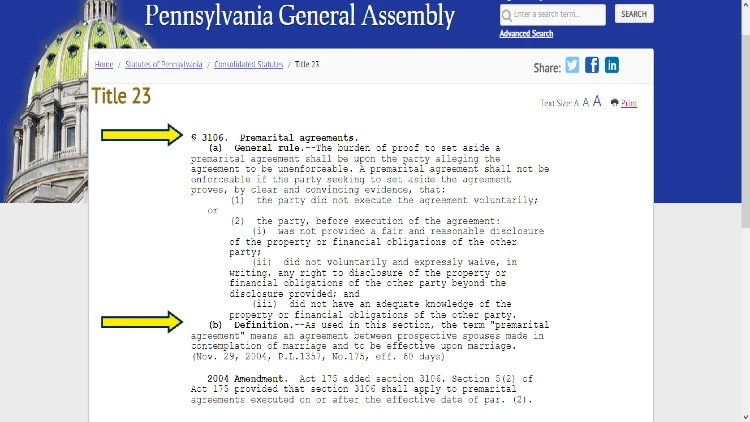 Screenshot of Pennsylvania General Assembly website page for premarital agreements with arrows pointing to the definition and general rule observed when alleging the unenforceability of premarital agreements.