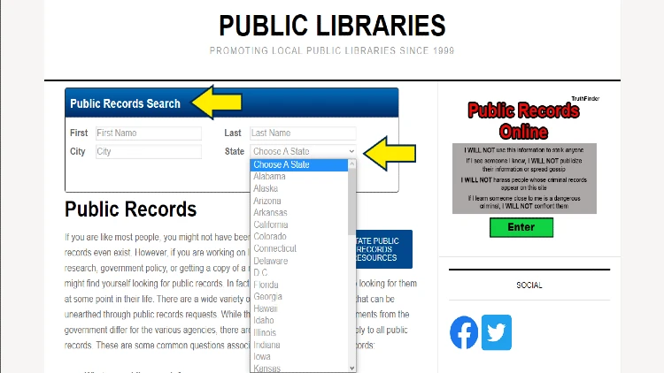 Public libraries public records search feature with arrows pointing to boxes for information and state choice drop down menus. 