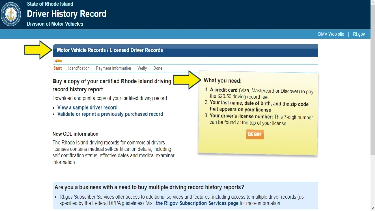 Screenshot of State of Rhode Island website page for Driver History Record with yellow arrows pointing to the requirements to buy a copy of certified Rhode Island driving record history report.