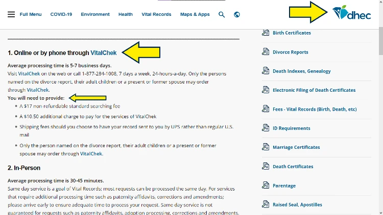 Dept of Health and educaytion vailtchek screenshot with arrows pointing to how to get a copy of divorce records online or in person. 