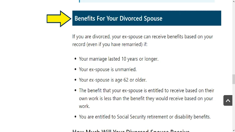 Screenshot of a website page about divorce with yellow arrow pointed to the benefits if the divorced spouse.