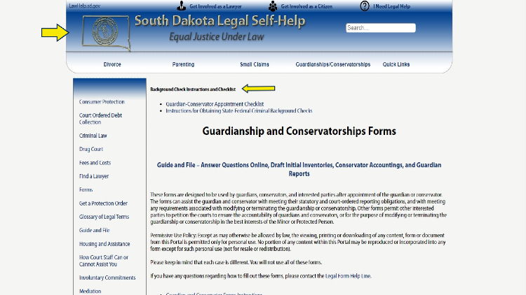 South Dakota Legal Self Help screenshot with yellow arrows pointing to background check information regarding guardianship forms. 
