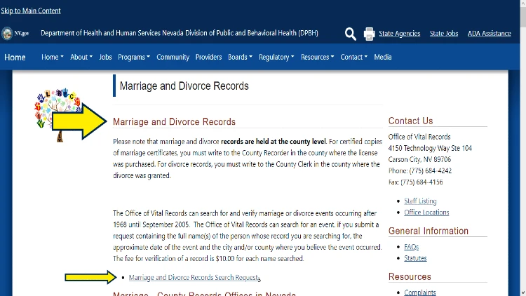 Screenshot of Nevada website page about marriage and divorce records with yellow arrows pointing to search request.