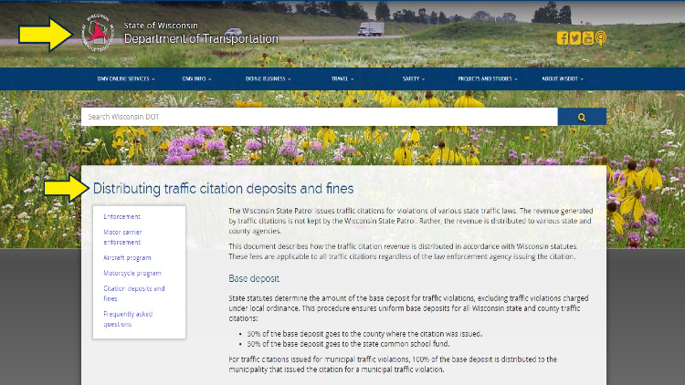 Screenshot of Wisconsin Department of Transportation website page about Citations and Fines with yellow arrows on how traffic citation deposits and fines are distributed.