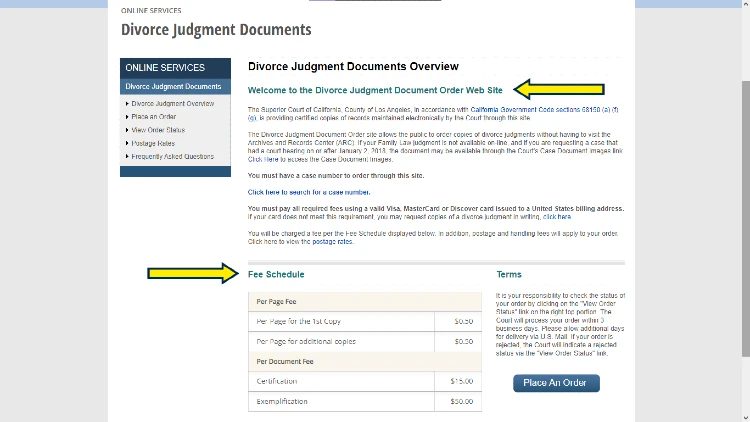 Online services screenshot for how to get divorce judegment documents online with arrowspointing to the fees charged.