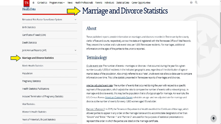 Screenshot of Tennessee Courts website page about Marriage and Divorce Statistics with yellow arrows on the explanation of its terminology.