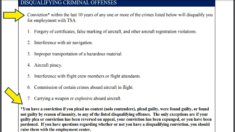 Screenshot of TSA website page for criminal offenses disqualifiers with arrows pointing to a list of criminal offenses that will automatically disqualify you for employment with TSA and exceptions.