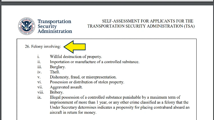 Screenshot of TSA website page for applicant self-assessment checklist with yellow arrow pointing to the list of felonies that will disqualify applicants for employment with TSA.