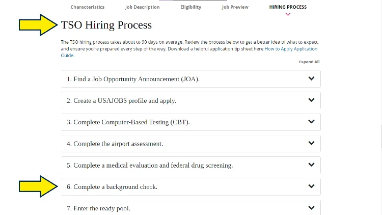 Screenshot of TSA website page for TSO hiring process with yellow arrows pointing to how long does a federal job background check take in TSA.