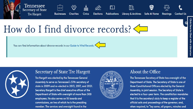 Screenshot of Tennessee website page about the Secretary of State with yellow arrows pointing on how to find divorce records.