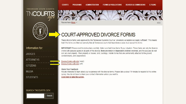 Screenshot of TN Courts website page about Divorce with yellow arrows pointing to the court-approved divorce forms.