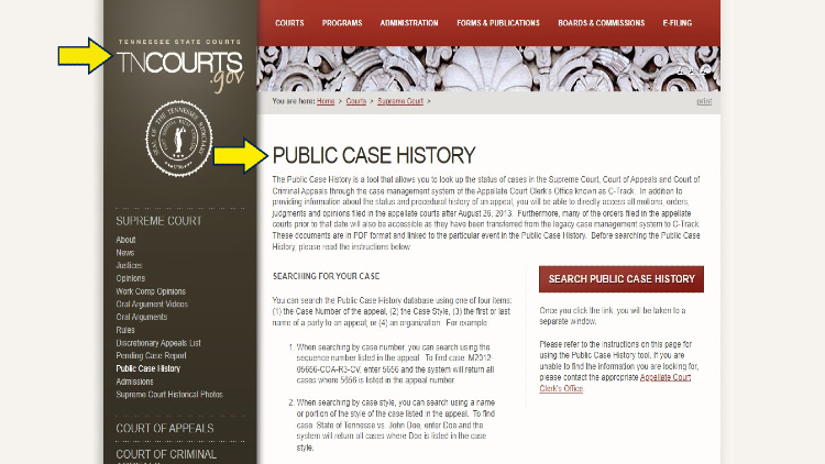 Screenshot of TN Courts website page about Supreme Court with yellow arrows pointed to the Public Case History.