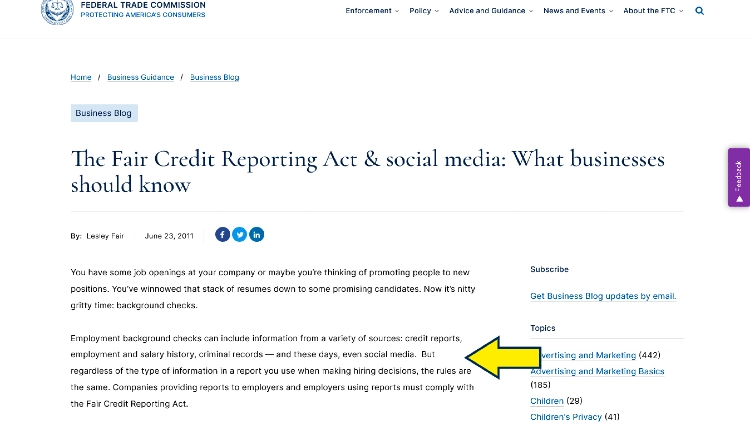 Fair credit reporting act website screenshot with yellow arrow pointing to information about employment background check regulations and policies, related to social media checks. 