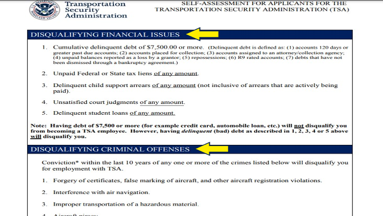 Screenshot of TSA website page for employment self-assessment for applicants with yellow arrows pointing to the list of financial issues and criminal offenses disqualifiers for applicants.