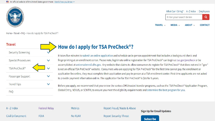 Screenshot of TSA website page for FAQs with yellow arrow pointing to information on application for TSA PreCheck application. 