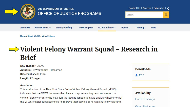 US Dept of Justice screenshot with arrows pointing to violent felony warrant squad information and research. 