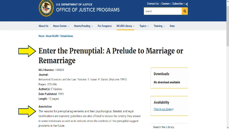 Screenshot of US Department of Justice NCJRS Library website page for publications with yellow arrows pointing to the reasons and the psychological, familial, and legal effects of prenuptial agreements.
