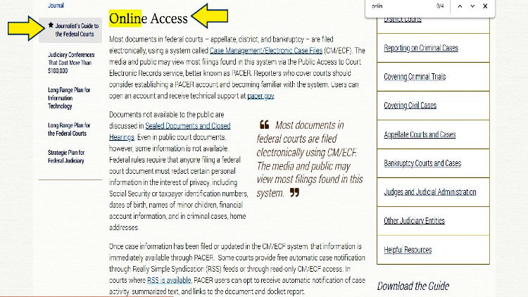Online access screenshot of Federal government PACER website with yellow arrows pointing to federal court use information. 