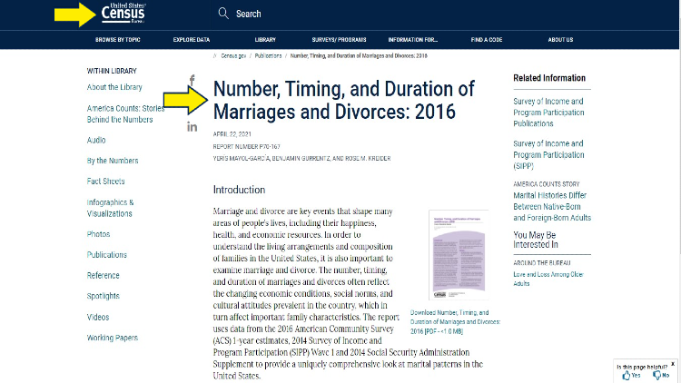 Screenshot of website page of United States for Census with yellow arrow pointing to the number, timing, and duration of marriages and divorces in 2016.