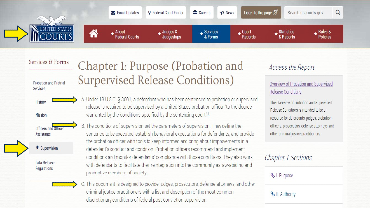 US courts screenshot about probation laws for federal crimes with yellow arrows pointing to important parts of the text. 