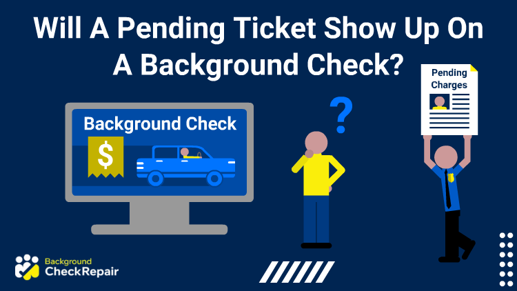 Will a pending ticket show up on a background check a man scratching his chin wonders while looking at a background check on a large computer screen on the left and a police officer on the right holds up a pending traffic ticket to give the man.