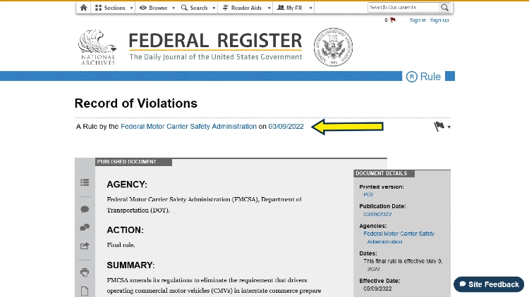 US Governemnt daily federal register screenshot showing a rule of the motor carrier safety adminsitration with a yellow arrow pinting to the linked content. 