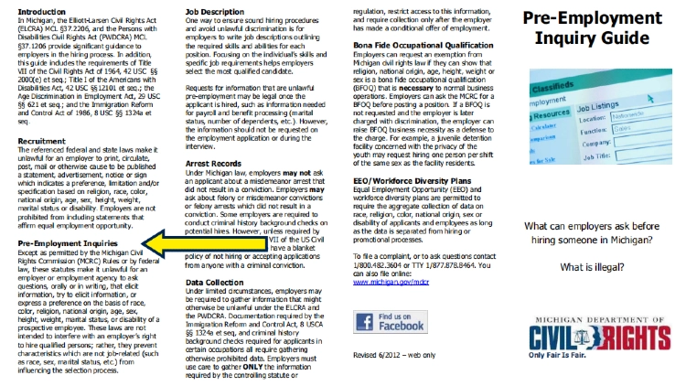 Pre employment inquiry guide screenshot with yellow arrow pointing to inquiris explained by the Michigan dept of civil rights. 