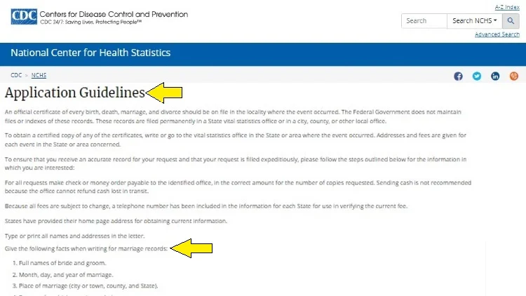 Screenshot of centers for disease control and prevention website page about National Center for Health Statistics with yellow arrows pointing to the application guidelines.