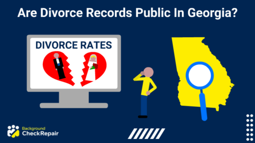 Are divorce records public in Georgia man wonders while scratching his chin and looking at a computer screen that shows a broken heart and a marriage couple split in GA divorce while behind his back a magnifying glass hovers over the state of Georgia.