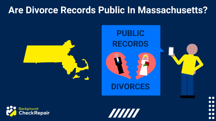 Man asks are divorce records public in Massachusetts while he holds up his phone on the right and the projected image is of a split couple surrounded by public records divorce Massachusetts state on the right.