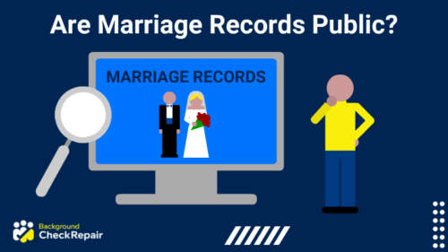 Man with his hand on his chin on the left, looks at a large computer screen showing marriage records and a newlywed couple with a magnifying glass on the right questioning are marriage records public in all fifty states?