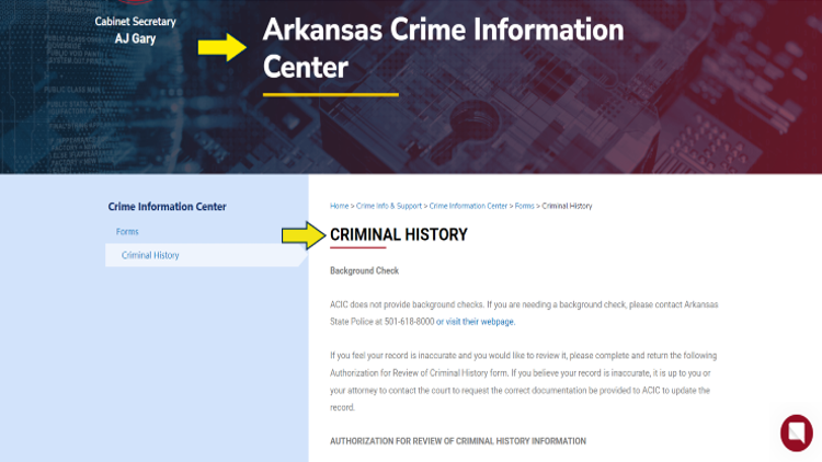 Screenshot of State of Arkansas website page for Arkansas Crime Information Center with yellow arrow pointing to Criminal History search in Arkansas.