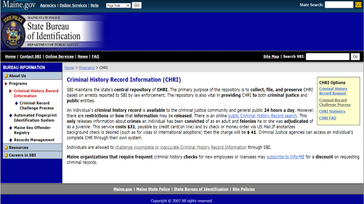 Screenshot of State Bureau of Identification Maine website page for criminal history record providing information on both adult and juvenile criminal records search.