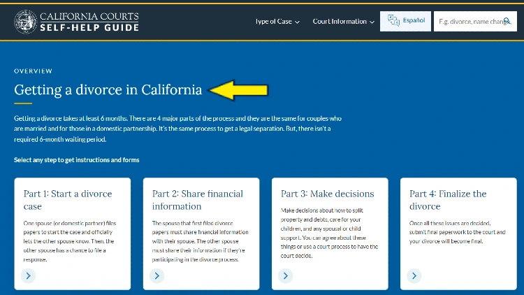Screenshot of California Courts website page for self-help guide with yellow arrow pointing to an overview of filing for divorce in California.
