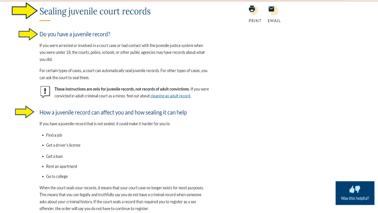 Screenshot of California Courts website page for juvenile court records giving information on how can a juvenile record be used against you.