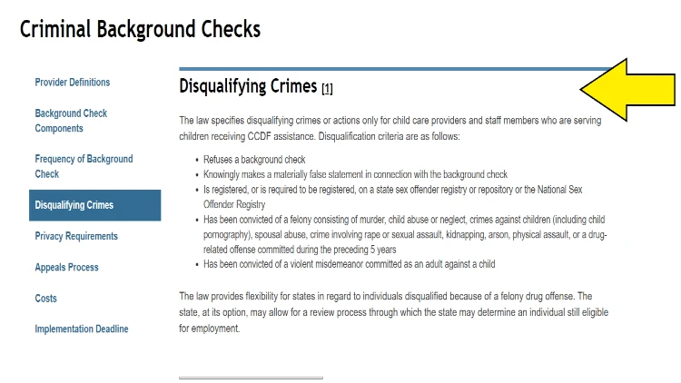 Screenshot of U.S. Department of Health & Human Services website page for Child Care Technical Assistance Network with yellow arrow pointing to list of disqualifying crimes for child care providers and staff.