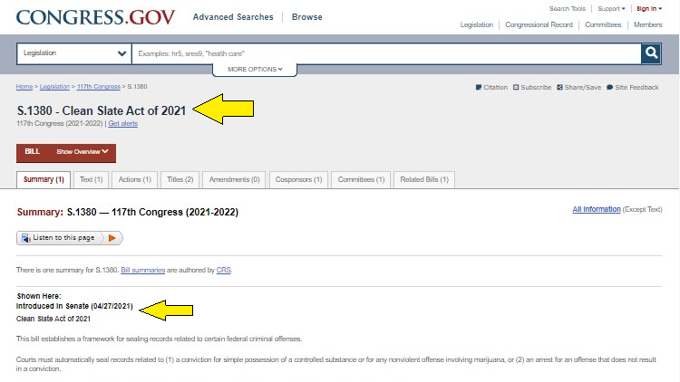 Screenshot of Congress Gov website page about the Clean Slate Act of 2021 with yellow arrows pointing to the Introduction in Senate.