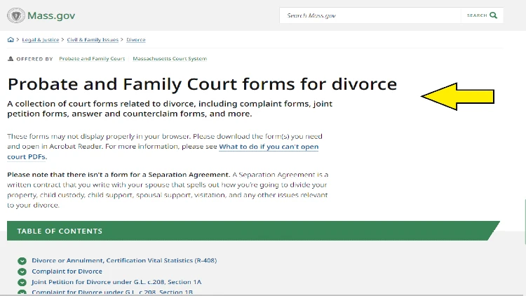 Screenshot of Mass Gov website page about Probate and Family Court forms with yellow arrow pointing to the collection of court forms.