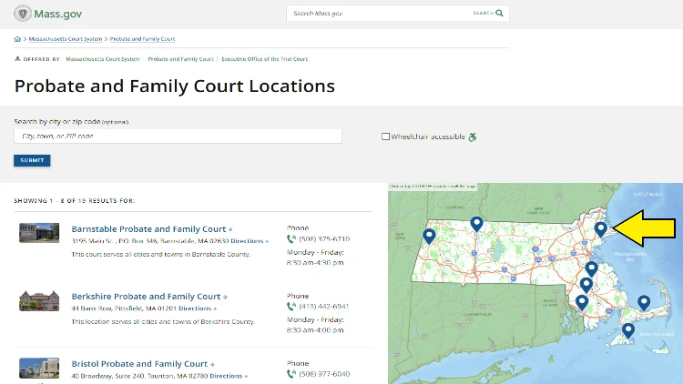 Screenshot of Mass Gov website page about Probate and Family Court Locations with yellow arrow pointing to the map of Massachusetts. 