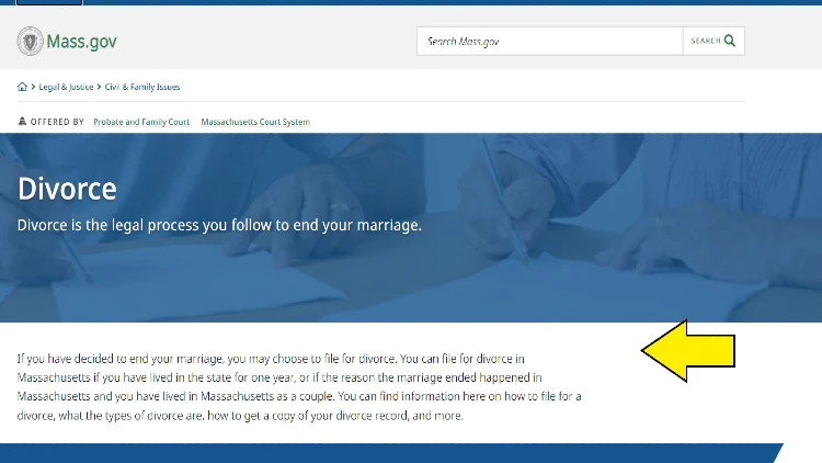 Screenshot of Massachusetts website about Divorce with yellow arrow pointing to the legal process in ending a marriage.