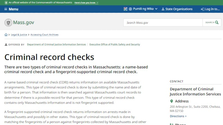 Screenshot of Commonwealth of Massachusetts website page for accessing court archives with information on types of criminal record background checks in Massachusetts.