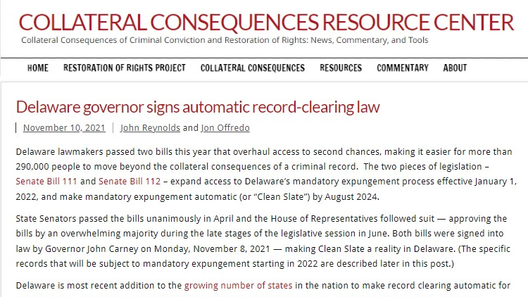 Screenshot of Collateral Consequences Resource Center website page with an article about the Delaware governor singing of the automatic record-clearing law.