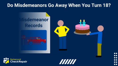 Man in a yellow shirt getting a birthday cake with the number 18 on it thinks do misdemeanors go away when you turn 18 while on the left a juvenile misdemeanor record fades away.