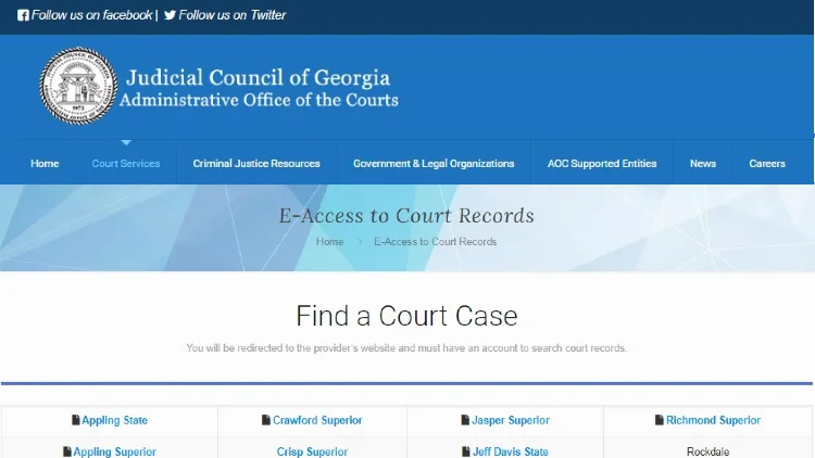 Screenshot of Judicial Council of Georgia website about E-access to Court Records with yellow arrows pointing to steps on how to find a court case.