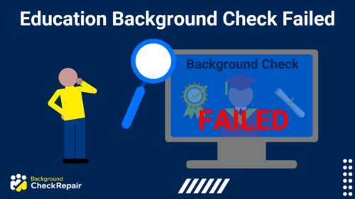 Confused man looking at a large computer screen sees his education background check failed and wonders how to fix a teaching background check.