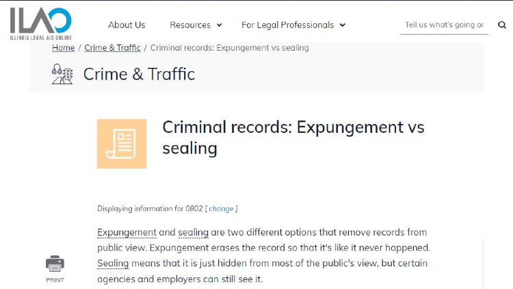 Screenshot of ILAO website about Crime and Traffic with yellow arrows pointing to the Criminal Records: Expungement vs Sealing.